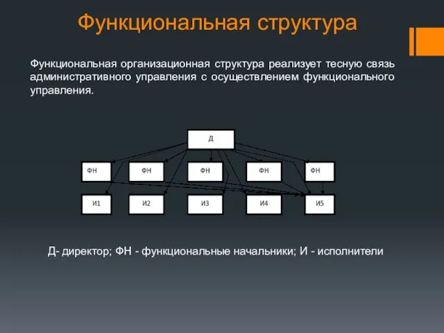 Функциональная структура Д- директор; ФН - функциональные начальники; И - исполнители