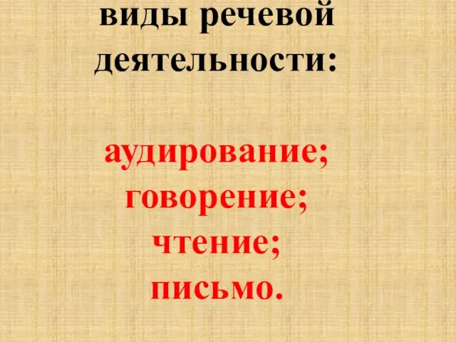 виды речевой деятельности: аудирование; говорение; чтение; письмо.