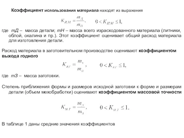 Коэффициент использования материала находят из выражения где mД – масса детали;