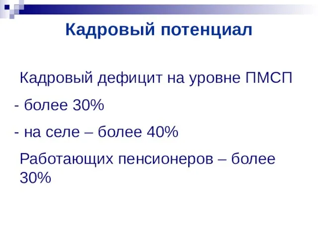 Кадровый потенциал Кадровый дефицит на уровне ПМСП более 30% на селе