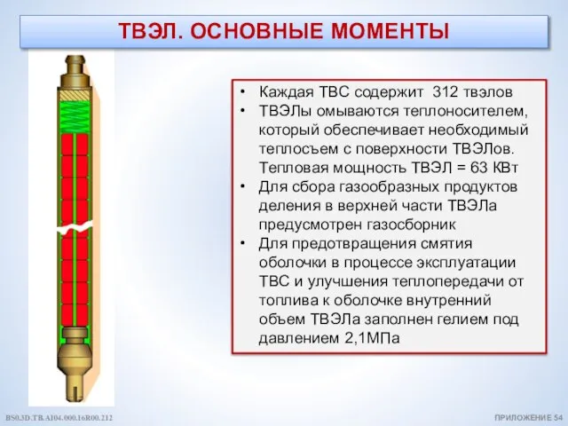 ТВЭЛ. ОСНОВНЫЕ МОМЕНТЫ ПРИЛОЖЕНИЕ 54 Каждая ТВС содержит 312 твэлов ТВЭЛы