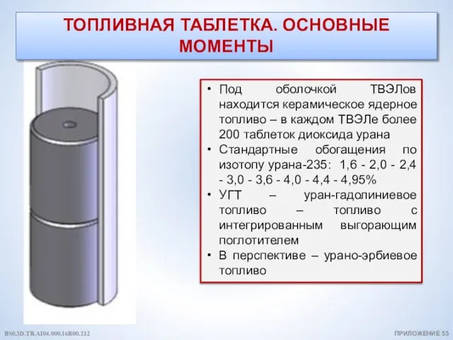 ТОПЛИВНАЯ ТАБЛЕТКА. ОСНОВНЫЕ МОМЕНТЫ ПРИЛОЖЕНИЕ 55 Под оболочкой ТВЭЛов находится керамическое