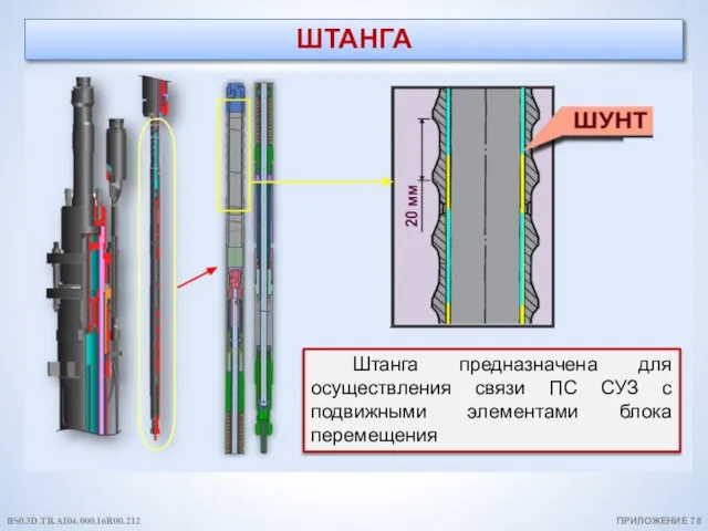 ШТАНГА ПРИЛОЖЕНИЕ 78 Штанга предназначена для осуществления связи ПС СУЗ с подвижными элементами блока перемещения BS0.3D.TB.AI04.000.16R00.212