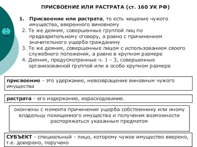 10 ПРИСВОЕНИЕ ИЛИ РАСТРАТА (ст. 160 УК РФ) Присвоение или растрата,