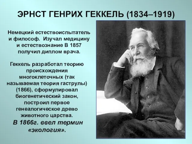 ЭРНСТ ГЕНРИХ ГЕККЕЛЬ (1834–1919) Немецкий естествоиспытатель и философ. Изучал медицину и