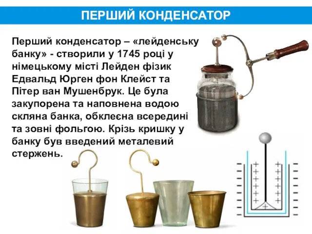 ПЕРШИЙ КОНДЕНСАТОР Перший конденсатор – «лейденську банку» - створили у 1745
