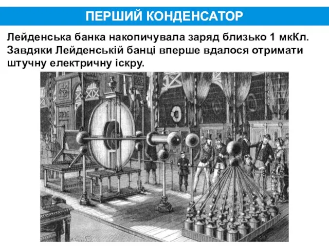 ПЕРШИЙ КОНДЕНСАТОР Лейденська банка накопичувала заряд близько 1 мкКл. Завдяки Лейденській