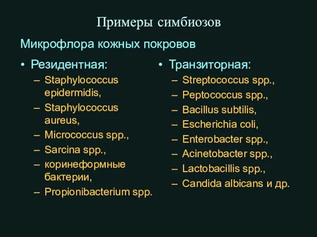 Примеры симбиозов Микрофлора кожных покровов Резидентная: Staphylococcus epidermidis, Staphylococcus aureus, Micrococcus