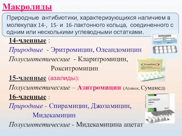 14-членные : Природные - Эритромицин, Олеандомицин Полусинтетические - Кларитромицин, Рокситромицин 15-членные