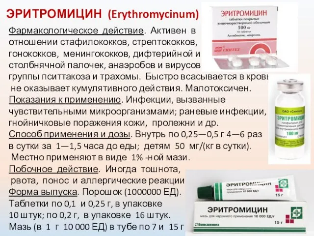 ЭРИТРОМИЦИН (Erythromycinum) Фармакологическое действие. Активен в отношении стафилококков, стрептококков, гонококков, менингококков,