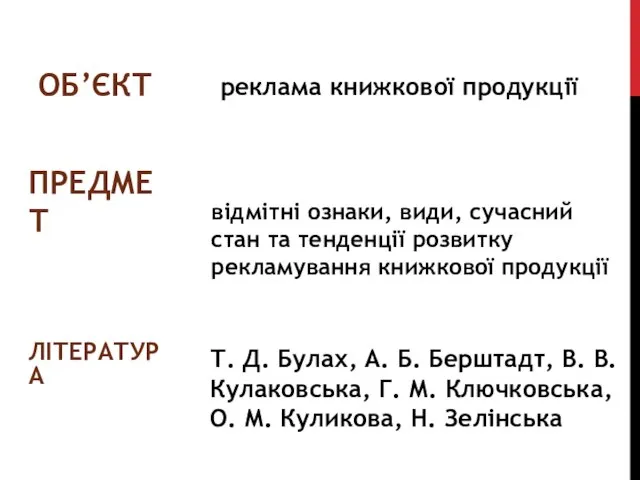 ОБ’ЄКТ реклама книжкової продукції ПРЕДМЕТ відмітні ознаки, види, сучасний стан та