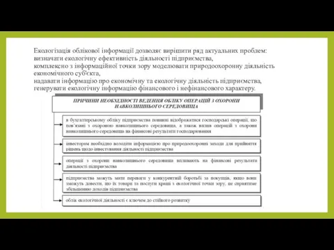 Екологізація облікової інформації дозволяє вирішити ряд актуальних проблем: визначати екологічну ефективність