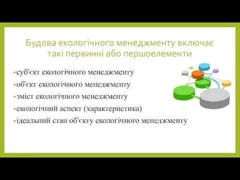 Будова екологічного менеджменту включає такі первинні або першоелементи суб'єкт екологічного менеджменту