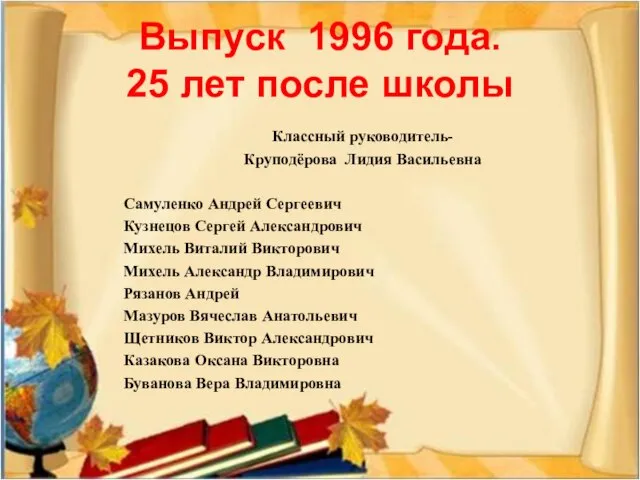 Выпуск 1996 года. 25 лет после школы Классный руководитель- Круподёрова Лидия