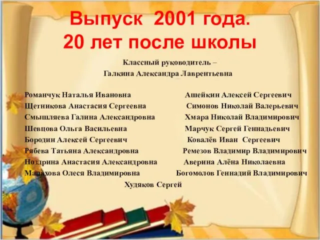 Выпуск 2001 года. 20 лет после школы Классный руководитель – Галкина