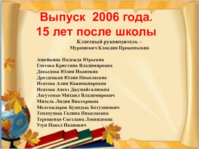 Выпуск 2006 года. 15 лет после школы Классный руководитель – Мурашевич