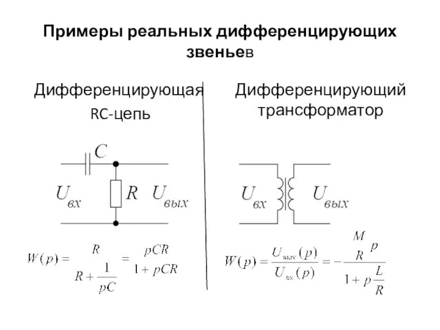 Примеры реальных дифференцирующих звеньев Дифференцирующая RC-цепь Дифференцирующий трансформатор