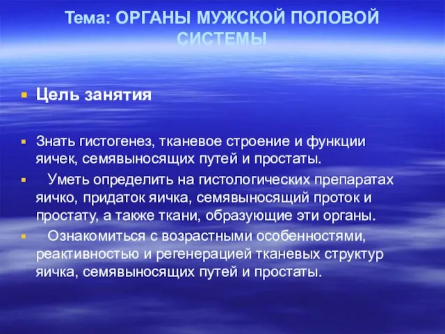 Тема: ОРГАНЫ МУЖСКОЙ ПОЛОВОЙ СИСТЕМЫ Цель занятия Знать гистогенез, тканевое строение