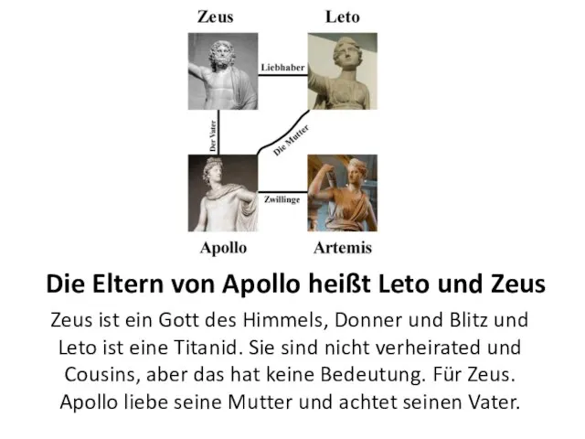 Die Eltern von Apollo heißt Leto und Zeus Zeus ist ein