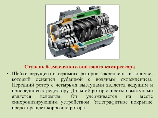 Ступень безмасляного винтового компрессора Шейки ведущего и ведомого роторов закреплены в