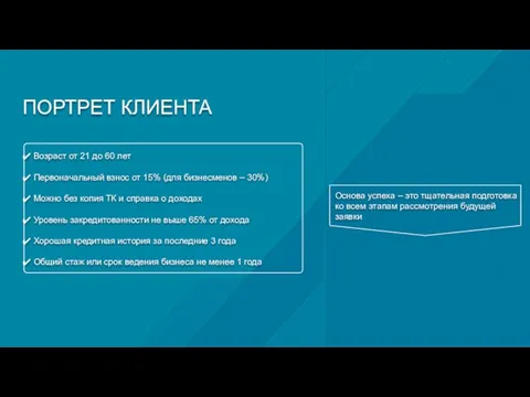 ПОРТРЕТ КЛИЕНТА Возраст от 21 до 60 лет Первоначальный взнос от