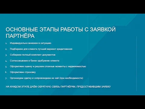 ОСНОВНЫЕ ЭТАПЫ РАБОТЫ С ЗАЯВКОЙ ПАРТНЁРА Индивидуально вникаем в ситуацию Подбираем