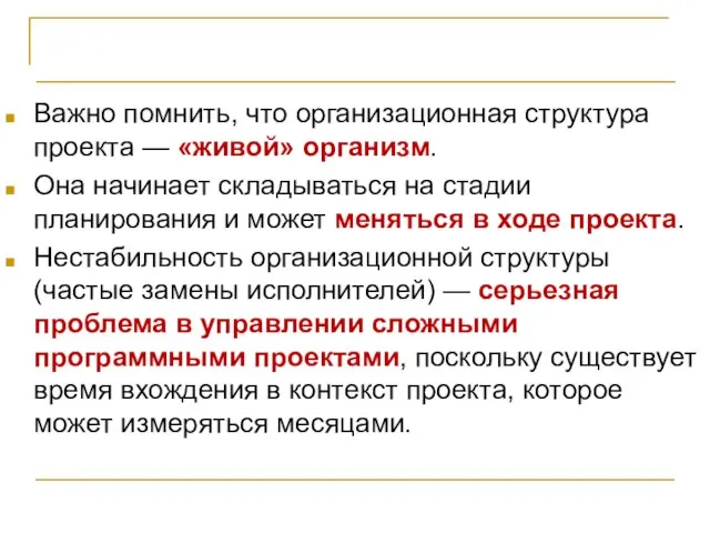 Организация проектной команды Важно помнить, что организационная структура проекта — «живой»