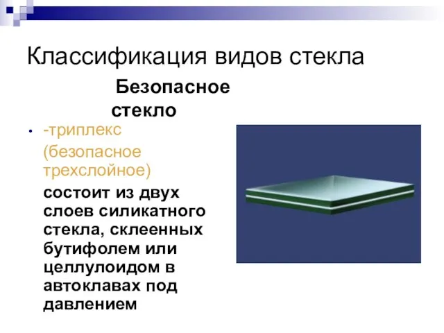 Классификация видов стекла -триплекс (безопасное трехслойное) состоит из двух слоев силикатного