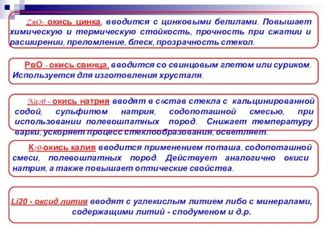 ZnO- окись цинка, вводится с цинковыми белилами. Повышает химическую и термическую