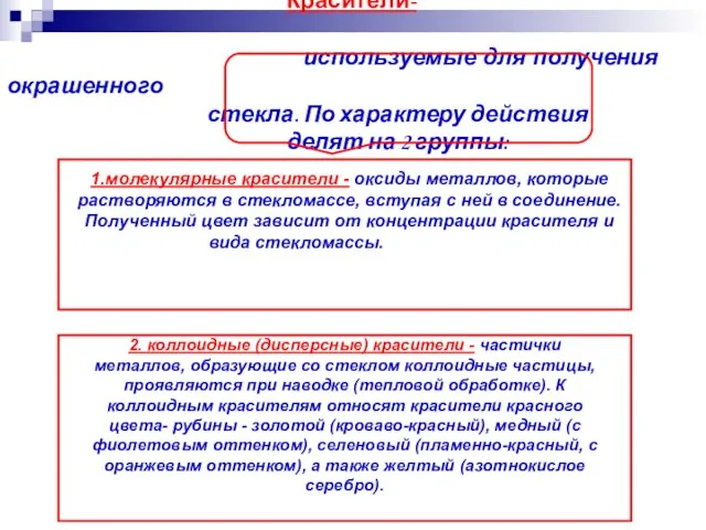 Красители- используемые для получения окрашенного стекла. По характеру действия делят на