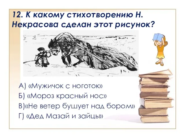 12. К какому стихотворению Н.Некрасова сделан этот рисунок? А) «Мужичок с