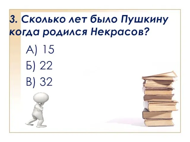 3. Сколько лет было Пушкину когда родился Некрасов? А) 15 Б) 22 В) 32