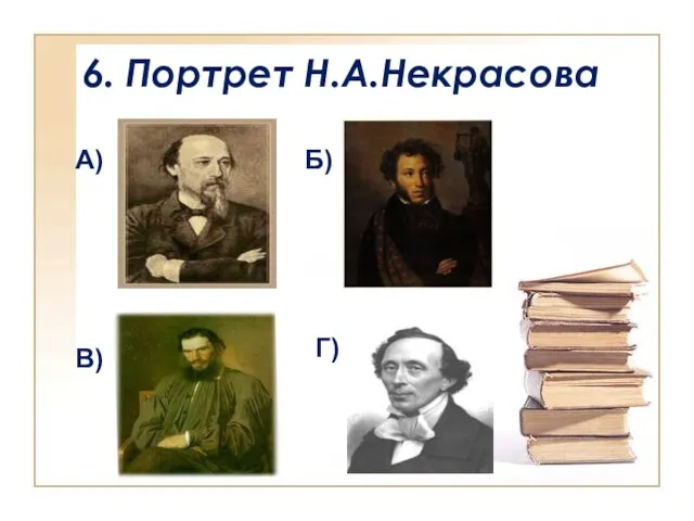 6. Портрет Н.А.Некрасова А) Б) В) Г)