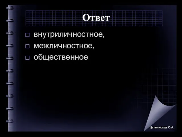 Ответ внутриличностное, межличностное, общественное Цетвинская О.А.