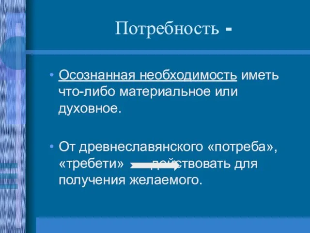 Потребность - Осознанная необходимость иметь что-либо материальное или духовное. От древнеславянского