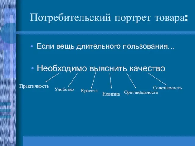 Потребительский портрет товара: Если вещь длительного пользования… Необходимо выяснить качество Практичность Удобство Красота Новизна Оригинальность Сочетаемость