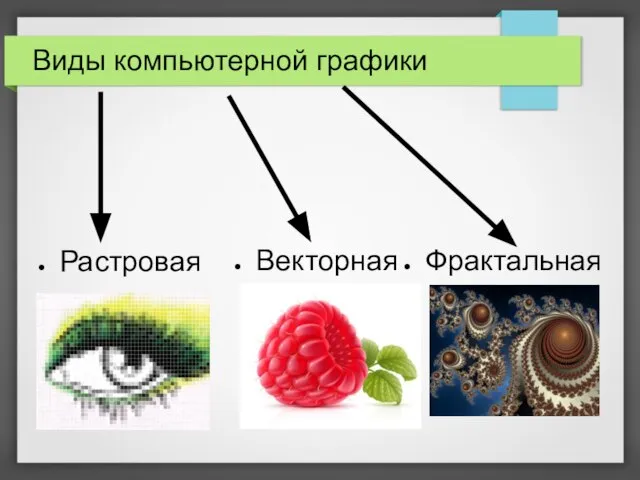 Виды компьютерной графики Растровая Векторная Фрактальная