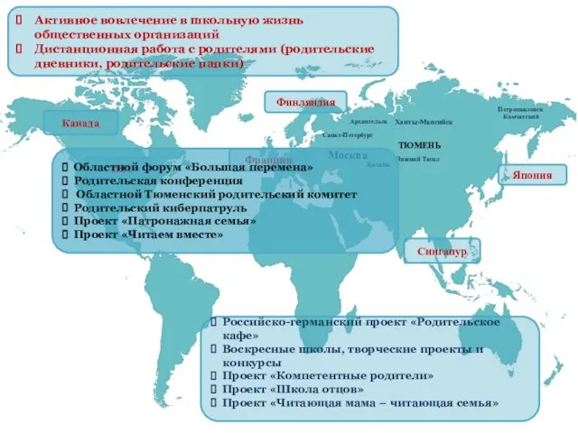 Япония Финляндия Франция Канада США Сингапур Петропавловск Камчатский Санкт-Петербург Москва Архангельск