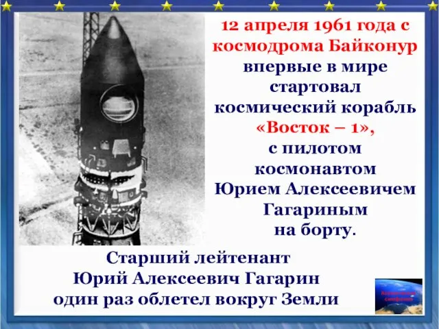 12 апреля 1961 года с космодрома Байконур впервые в мире стартовал