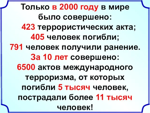 Только в 2000 году в мире было совершено: 423 террористических акта;