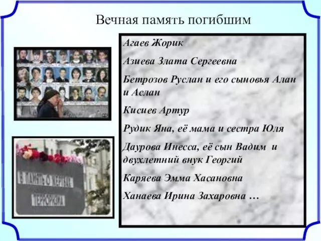 Вечная память погибшим Агаев Жорик Азиева Злата Сергеевна Бетрозов Руслан и