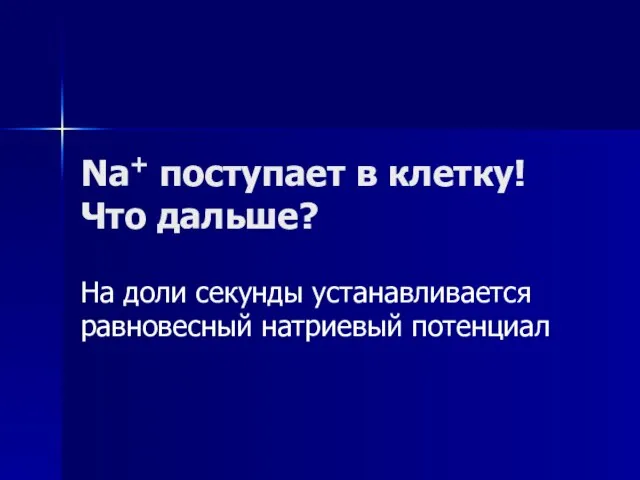 Na+ поступает в клетку! Что дальше? На доли секунды устанавливается равновесный натриевый потенциал