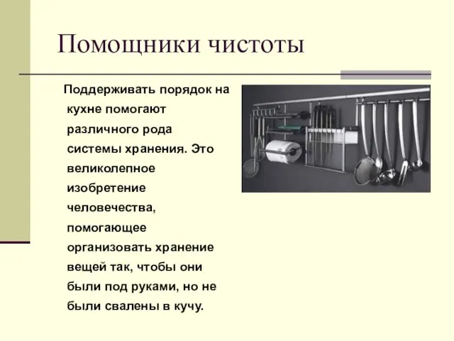 Помощники чистоты Поддерживать порядок на кухне помогают различного рода системы хранения.