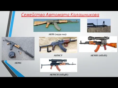 Семейство Автомата Калашникова АКМ (1959 год) АКМС АКМСУ АКМН (6П1Н) АКМСН (6П4Н)