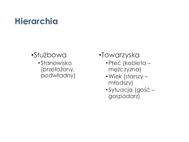 Służbowa Stanowisko (przełożony, podwładny) Hierarchia Towarzyska Płeć (kobieta – mężczyzna) Wiek