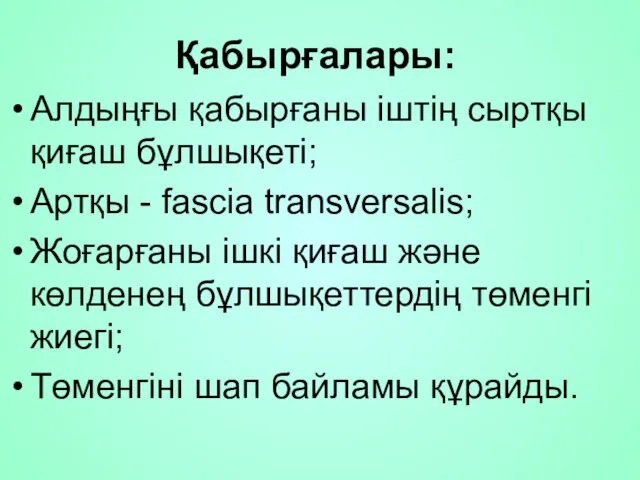 Қабырғалары: Алдыңғы қабырғаны іштің сыртқы қиғаш бұлшықеті; Артқы - fascia transversalis;