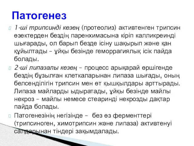 1-ші трипсинді кезең (протеолиз) активтенген трипсин өзектерден бездің паренхимасына кіріп калликреинді