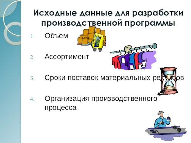 Исходные данные для разработки производственной программы Объем Ассортимент Сроки поставок материальных ресурсов Организация производственного процесса