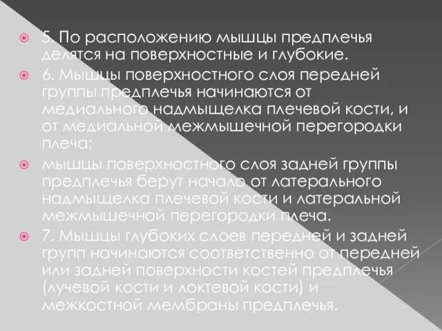 5. По расположению мышцы предплечья делятся на поверхностные и глубокие. 6.