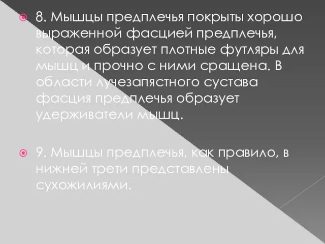 8. Мышцы предплечья покрыты хорошо выраженной фасцией предплечья, которая образует плотные